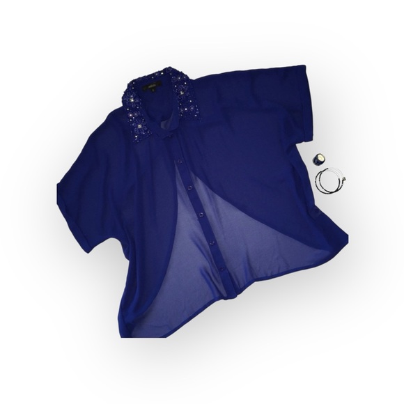 new LF Millau ༄ Sequin Collar Asymmetrical Semi Sheer BD Shirt Top ༄ Royal Navy - Picture 2 of 16